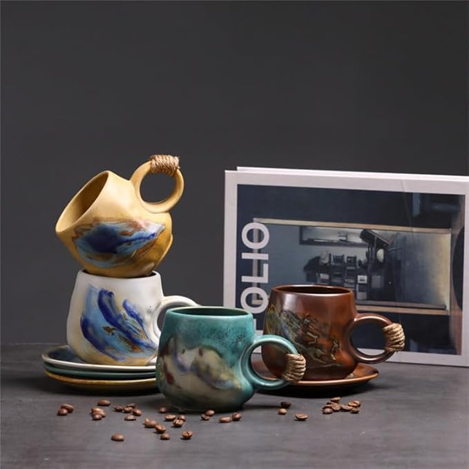 Small 8oz Unique Vintage Retro Japanese Handmade Ceramic Cappuccino Barista Cup with Saucer ??Artisanal Stoneware Coffee Mug,Handmade Pottery tea mug mor tea cup,Lead-Free Latte Art Mug, (1, White)