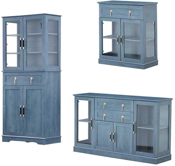Storage Cabinet Set,Three Different cabinets with Glass Doors Fulfilling All Needs for Storage and Showcase,for Kitchen,a Pantry+Large Sideboard+Small Buffet Cabinet (Blue)