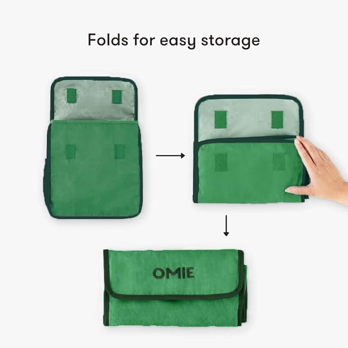 Omie OmieBox Lunch Bag - Washable, Foldable, Durable, WaterResistant Fabric with Interior Pocket and External Bottle Holder (Green)