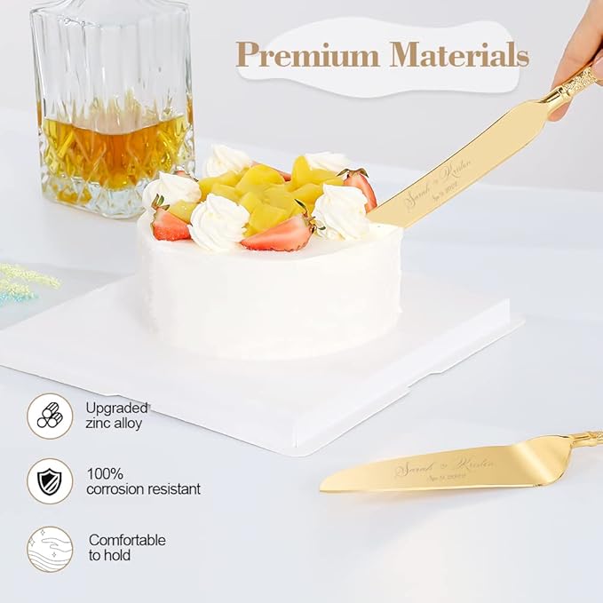 Wedding Cake Knife and Server Set, Personalized Gold Cake Cutting Set for Wedding, Engraved Classic Cake Knives Cutter Set, Pie Server, Birthday Bridal Quincea챰era Gift (CUS-Flower)