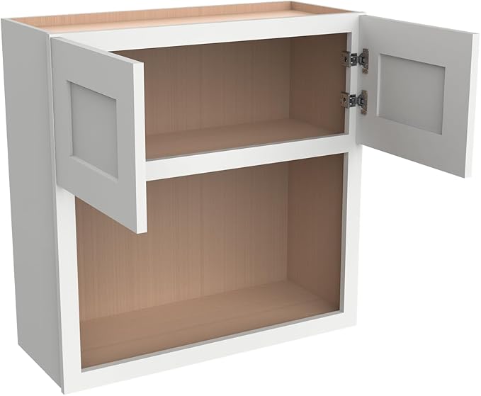 Solid Wood RTA Wall Microwave Cabinet with Open Shelves ??Shaker Style, Space-Saving Kitchen Pantry Storage, Durable and Versatile Wall-Mounted Organizer (SK-Origami White, 30" W x 24" D x 42" H)
