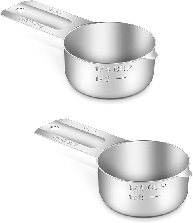 BERYLER 2PCS 1/4Cup (60ml, 2oz) Single Measuring Cup, Stainless Steel Measure Scoop, Metric and US Measurement, Dishwasher Safe