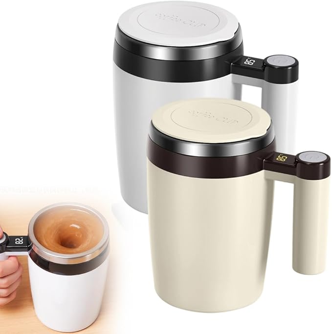Electric Magnetic Stirring Coffee Mug, 2026 New Automatic Stirring Coffee Cup with Temperature Display, 12.85oz Self-Stirring Mug with Lid Suitable for Coffee, Milk (White + Brown)