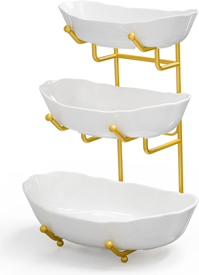 Ceramic Fruit Bowl for Kitchen Counter, 3 Tier Fruit Basket for Countertop, Tiered Fruit Stand with Metal Holder for Snacks, Nuts, Cake, Dessert, Party Display, Gold, White