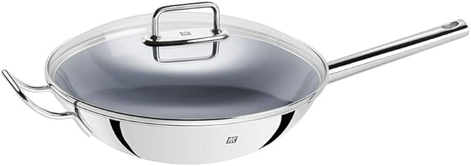 Zwilling Wok, Glass Lid and Removable Grid Insert, Incl. Long Handle, Suitable for Induction, Stainless Steel, Plus,Silver, 횠 32 cm