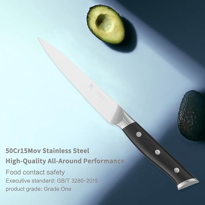 5 Inch Utility Knife Home Cooking Chef Gifts for Women Men: Small Sharp Kitchen Knife Ultra-Smooth Cutting Experience,All-Around Performance 50Cr15Mov Stainless Steel,Ergonomic Black Handle