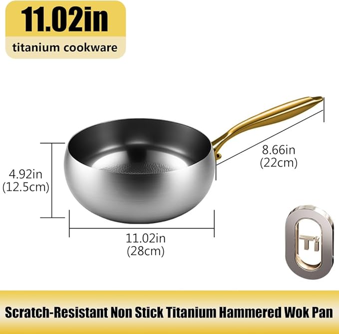Titanium Hammered Pan with Lid, Thickened Multi-Layer Titanium Wok Pan, Scratch-Resistant Non Stick Stock Pot, Even Heating for Cooking,No lid,11.02IN
