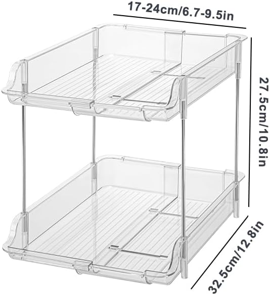 Expandable Cabinet Organizer Shelf, 2-Tier kitchen Counter Organization Shelves, Spice Rack,Clear Plastic Countertop Storage Rack for Makeup, Pantry, Cupboard, Bathroom, Desk Organization
