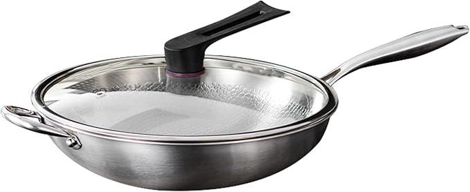 Titanium Hammered Wok with Lid, Upgrade Double Handle Non Stick Titanium Pans for Cooking, Ultra-Durable, Scratch-Resistant, Even Heating Frying Pans, Compatible with All Cooktops,with lid,12