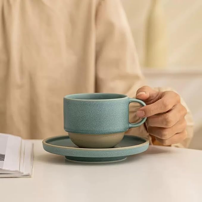 8oz Minimalist Handmade Ceramic Cappuccino Barista Cup with Saucer ??Artisanal Stoneware Espresso Coffee Mug, Lead-Free Latte Art Mug竊똇andmade Pottery tea mug or tea cup (Matte Light Blue)