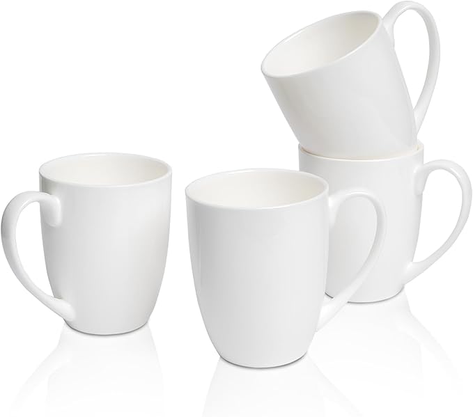 Plain White Fine Bone China Blank Coffee Mugs Set of 4, 11 Oz Tea Cups with Large Handle, Lightweight Ceramic Coffee Mugs, Aesthetic Coffee Cups