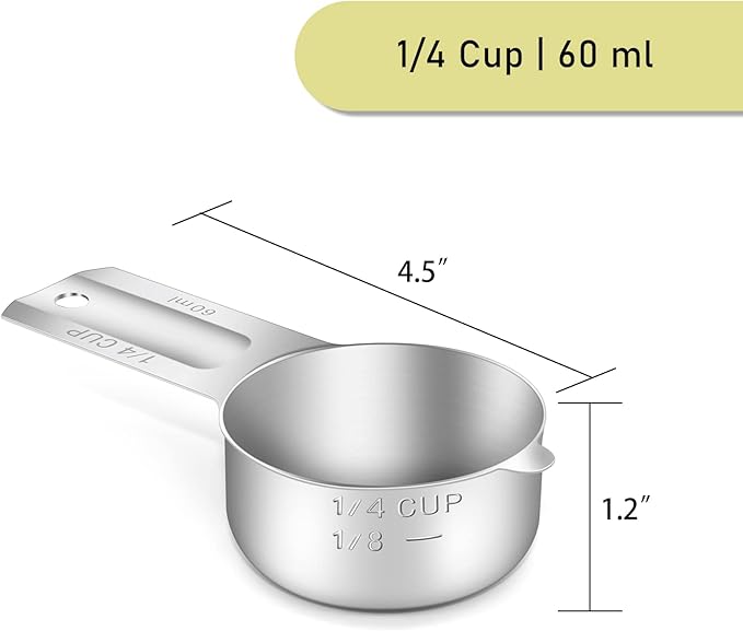 BERYLER 4PCS 1/4Cup (60ml, 2oz) Single Measuring Cup, Stainless Steel Measure Scoop, Metric and US Measurement, Dishwasher Safe