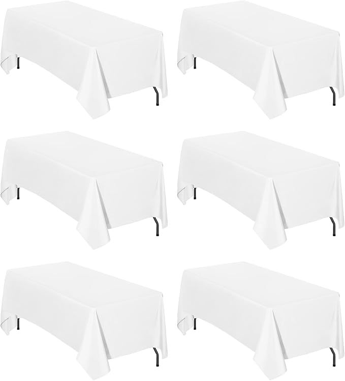 Easy-Going 6 Pack White Tablecloths 60x102 Inch for 6 Ft Rectangle Table, Washable Polyester Waterproof Stain Resistant Table Cloth, Decorative Table Cover for Kitchen, Dining Tables, Events