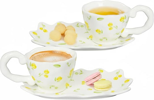 Unique Ceramic Tea Cup and Saucer Set, Coffee Mug, Cup and Saucer Set, Cute Fancy Girly Afternoon Tea Set Purse Gift, 5.4 oz/160 ml Vintage Style, For Women and Tea Parties, Yellow flowers