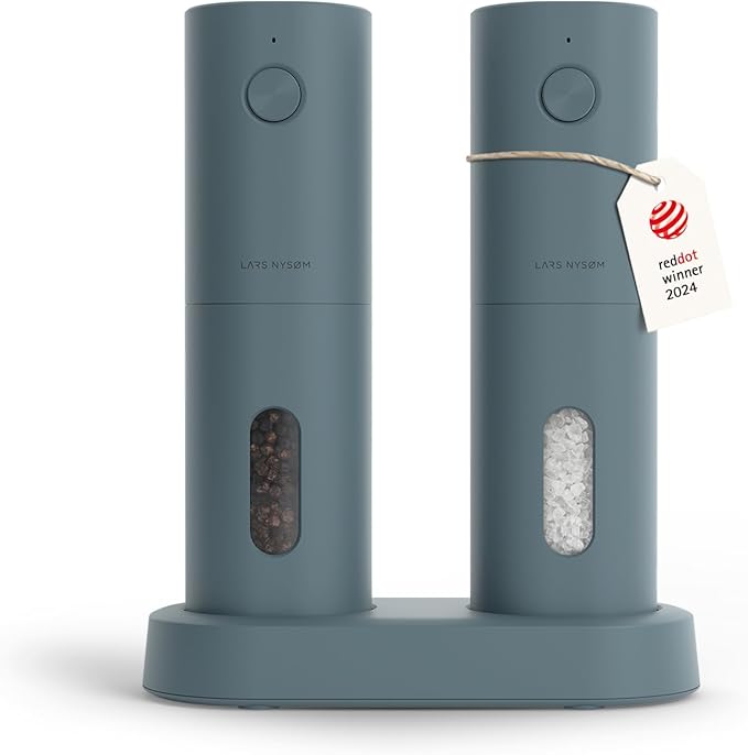 LARS NYS횠M Electric Salt and Pepper Grinder Set, USB Rechargeable, Automatic Salt and Pepper Mills, Spice Shakers Refillable with LED Light, Adjustable Coarseness, Ceramic Grinder (Stone Blue)