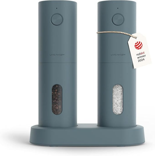 LARS NYS횠M Electric Salt and Pepper Grinder Set, USB Rechargeable, Automatic Salt and Pepper Mills, Spice Shakers Refillable with LED Light, Adjustable Coarseness, Ceramic Grinder (Stone Blue)