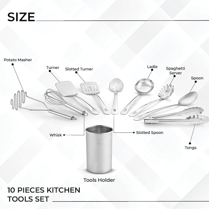 Avador짰 Premium Set of 10 Stainless Steel Kitchen Tool Set with Holder Easy To Clean, Space Saving, Great for Cooking, Baking, Prepping