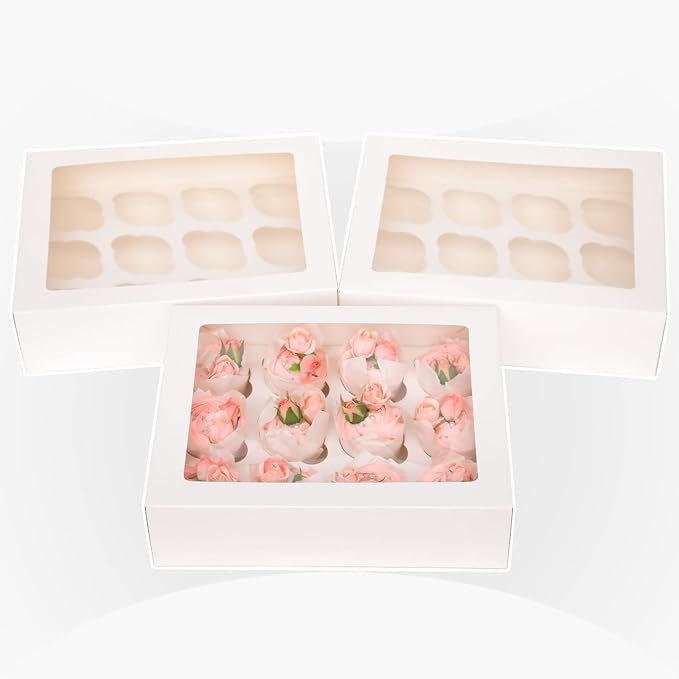 qiqee Auto-pop Up Cupcake Boxes with Window White 40PCS 12 Count Cupcake Box 13"x10"x3.5" Cupcakes Carrier, 12 Cupcake Containers with 2 rolls of pink ribbons
