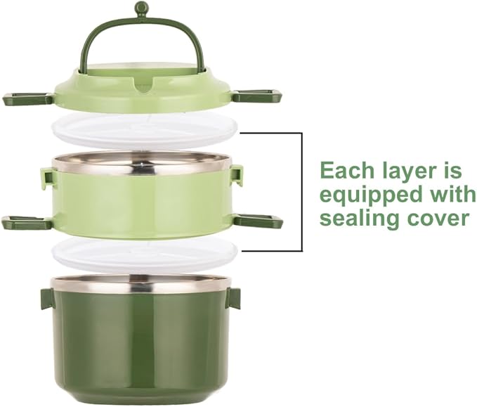SANQIAHOME 2 Tier Stackable Stainless Steel Lunch Box Sealed(green, 2 layers) with spoon and fork