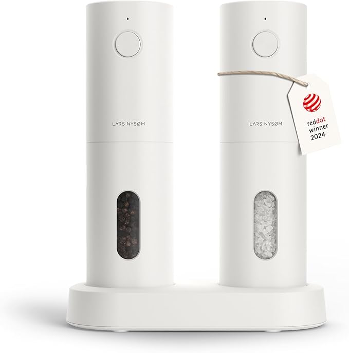 LARS NYS횠M Electric Salt and Pepper Grinder Set, USB Rechargeable, Automatic Salt and Pepper Mills, Spice Shakers Refillable with LED Light, Adjustable Coarseness, Ceramic Grinder (Pure White)