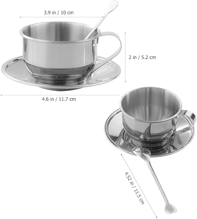 Stainless Steel Coffee Cup and Saucer Set Small Retro Metal Espresso Tea Cup with Spoon Silver Household Tea Set and Coffee Party