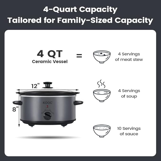 KOOC 4-Quart Slow Cooker, 3 Cooking Settings, Dishwasher Safe Ceramic Crock, Lid, Free Pot Liners Included, GREY, Ellipse Pot