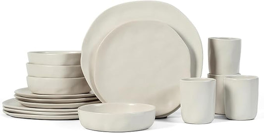 Stone by Mercer Project HEKONDA Modern Stoneware 32-Piece Dinnerware Set, Plate and Bowl Set, Dish Set for 8, Beige