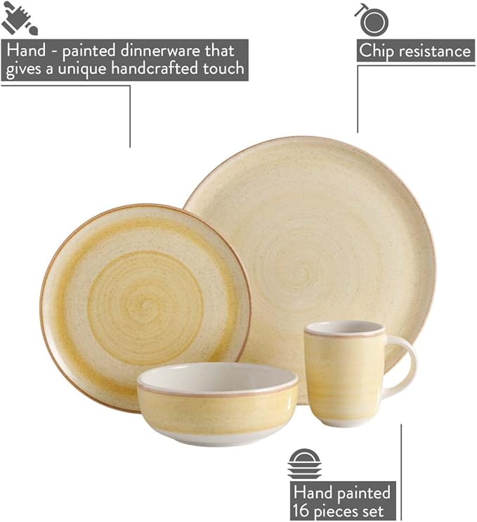 Corona 16 ?뱎iece Yellow Hand-painted Vintage Style Ceramic Dinnerware Sets, Plates, Bowls and Mugs, Service For 4, Mustard Caoba