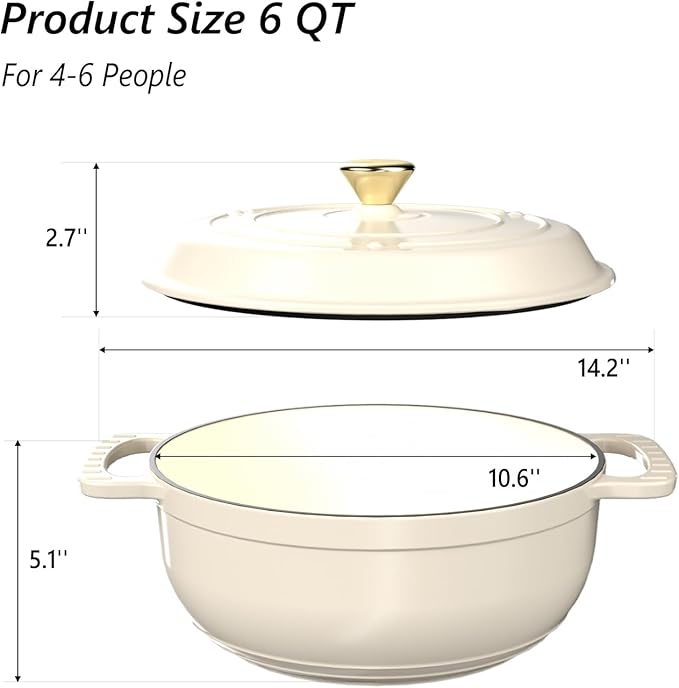 VINGLI 6QT Enameled Cast Iron Round Dutch Oven Pot with Lid, NonStick Casserole Pot with Dual Handles & Silicone GlovesRed, Oven Safe up to 500째F or on Stovetop, Dutch Oven for Bread Baking, White
