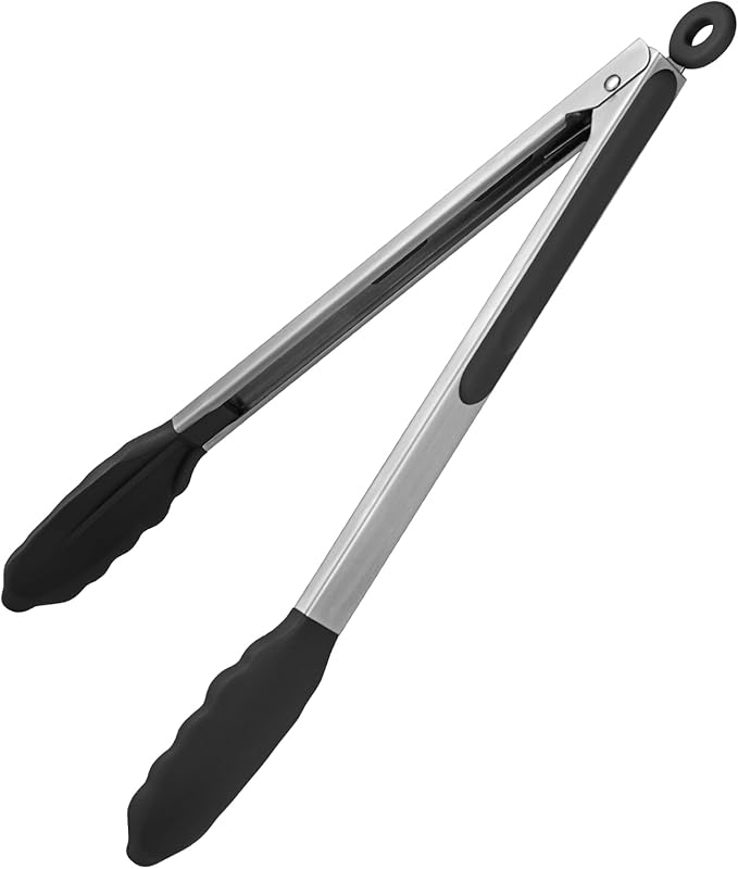 600쨘F Heat Resistant Kitchen Tongs: U-Taste 12 inch Large Silicone Cooking Tong with Sturdy Non Stick Rubber Tips & Silicon Coated 18/8 Stainless Steel Handle & Smooth Locking for Serving Grill(Black)