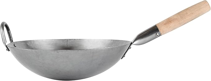 Restaurantware-Motomori 12 Inch Hand-Hammered Carbon Steel Woks, 10 Traditional Japanese Woks - Round Bottom, Wooden Handle, Black Carbon Steel Traditional Stir Fry Pans, With Helper Handle