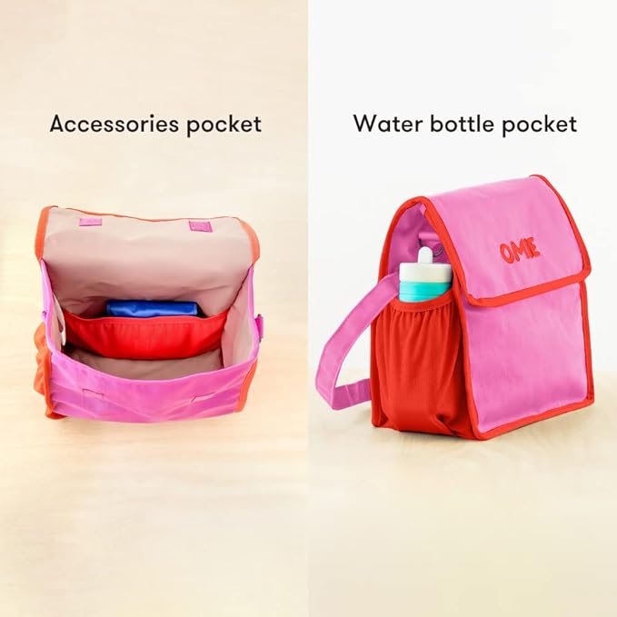 Omie OmieBox Lunch Bag - Washable, Foldable, Durable, WaterResistant Fabric with Interior Pocket and External Bottle Holder (Pink)
