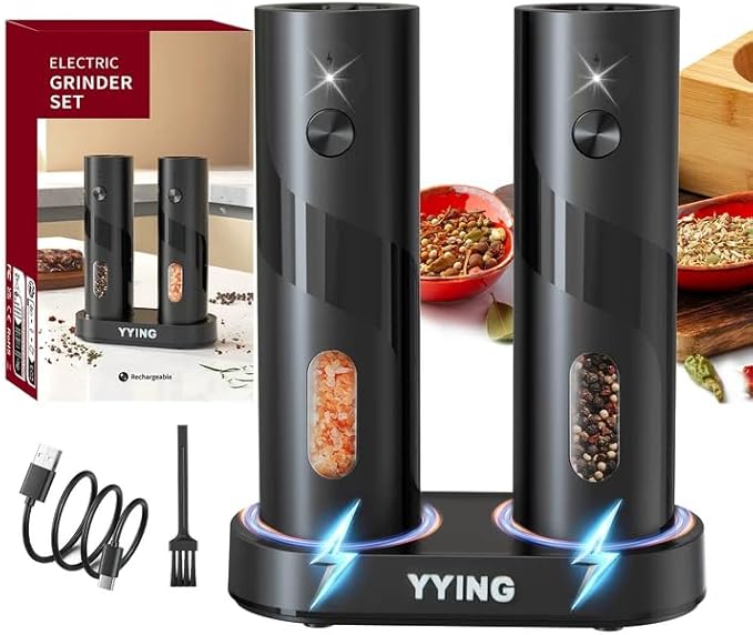 Electric Salt and Pepper Grinder Set, Automatic Pepper Mill Grinder with Charging Base & LED Light, Adjustable Coarseness, Large Capacity, One-handed Operation, for Kitchen, Restaurant, Outdoor