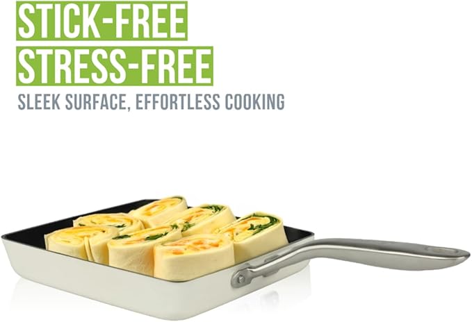 TeChef Collection | Ceramic Nonstick Egg Frying Pan, Nontoxic - Nontoxic - Free of PFAS, PFOA, PTFE, Made in Korea (Square Pan)