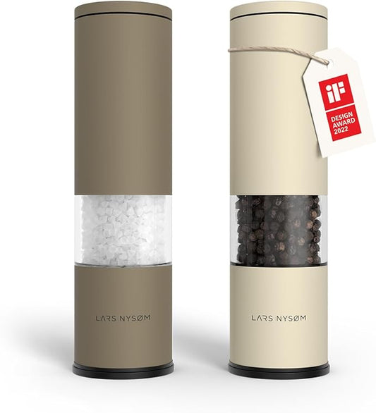 LARS NYS횠M Salt and Pepper Grinder Set Manual, Stainless Steel Salt and Pepper Mills with Adjustable Ceramic Grinder I Design Spice Shakers (Brown/Beige)