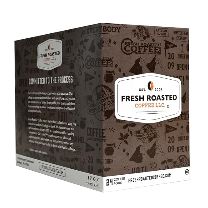 Fresh Roasted Coffee, Organic Ethiopian Sidamo Water-Processed Half-Caf | USDA Organic, 100% Single Origin, Kosher | Medium Roast 72 Pods for K Cup Brewers