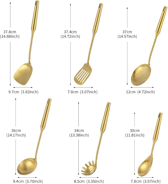 Gold 304 Stainless Steel Kitchen Utensils Set, VALESKA 6 PCS Metal Cooking Utensils Set, metal spoon,Wok Spatula, Ladle, Skimmer Slotted Spoon, Serving Large Spoon, Slotted Spatula Tunner