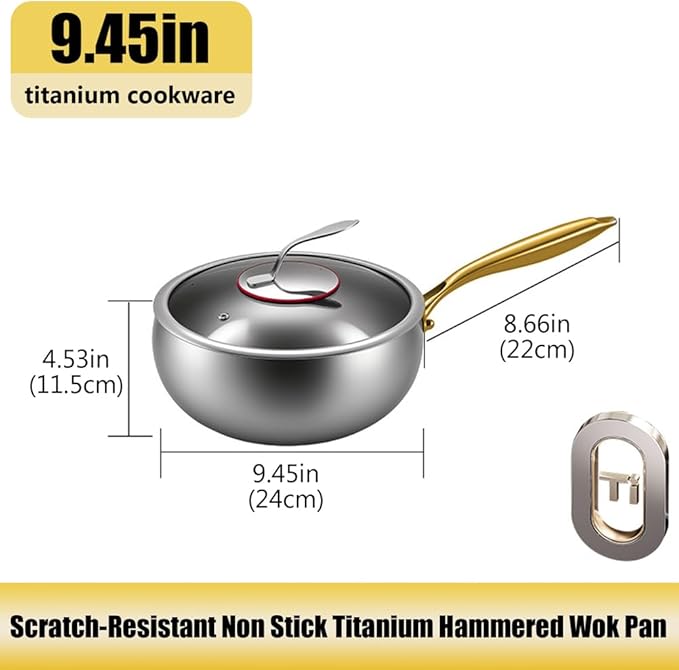 Titanium Hammered Pan with Lid, Thickened Multi-Layer Titanium Wok Pan, Scratch-Resistant Non Stick Stock Pot, Even Heating for Cooking,With lid,9.45IN