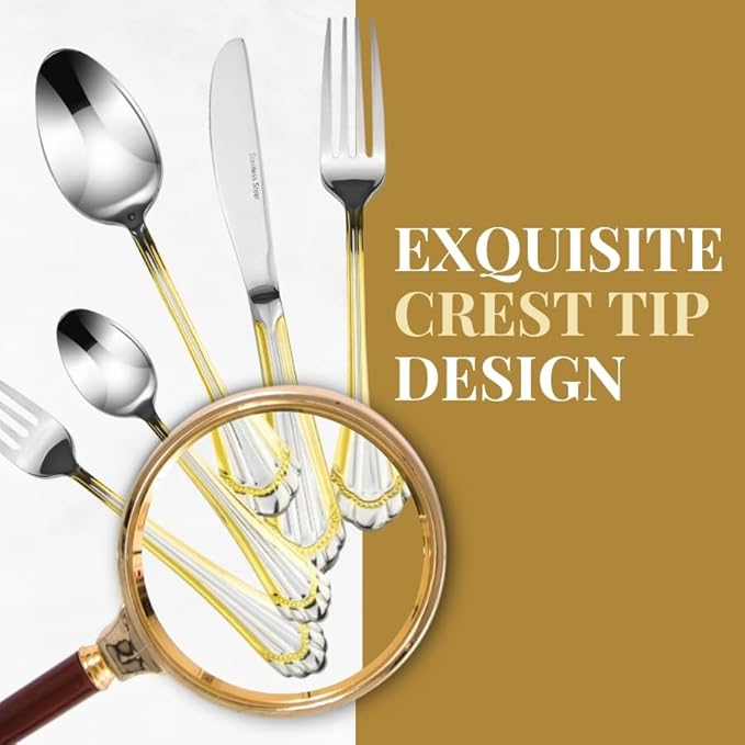 18/10 Stainless Steel Flatware Set - 20pc Italian Collection Style Utensils with Gold Shell Edge Design - Essential Items for Apartment and Kitchen - Ideal for Wedding Gift (Longshell (20 Piece))