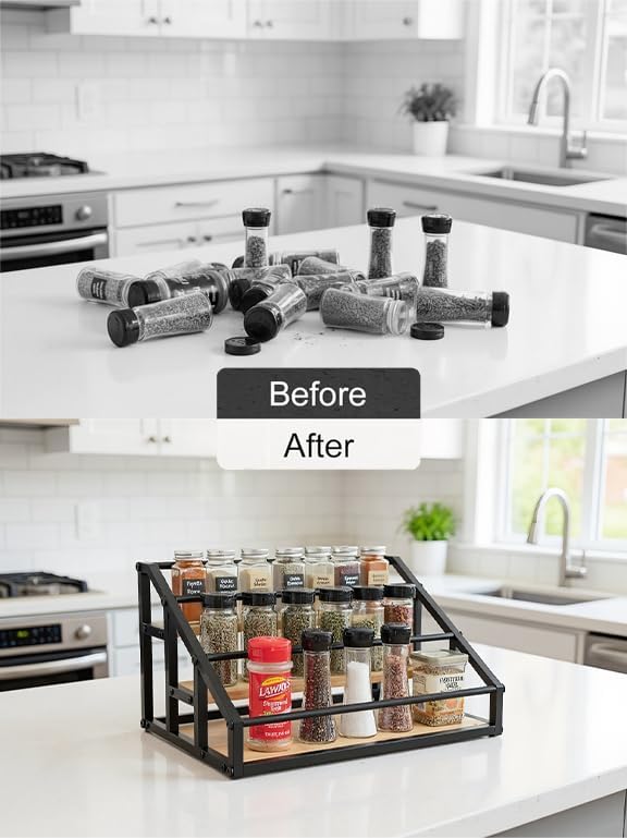 AT-VALY 3-Tier Liquor Bottle Display Shelf, Iron&Bamboo Countertop Wine Rack, Liquor Cabinet for Home Decor, Mini Bar (Black)