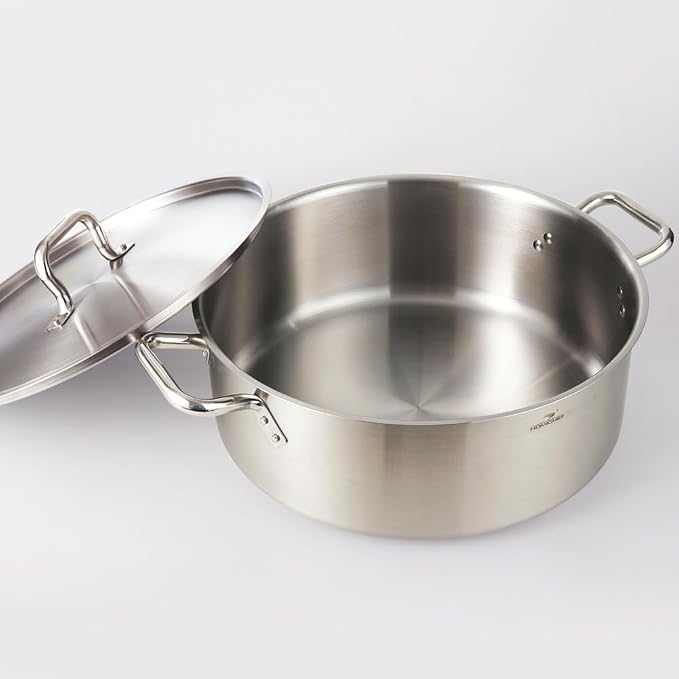 HOMICHEF 19 Quart LARGE Stainless Steel Braiser Pan with Lid - Commercial Grade NICKEL FREE Matte Polished Stainless Steel Braiser Pot 19 QT - Heavy Weight Braising Pan Non Toxic Induction