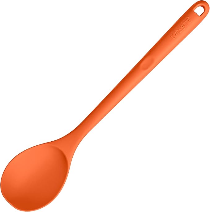 600쨘F Heat Resistant Silicone Spoon: U-Taste 13.3in Solid Kitchen Cooking Spoon, Nonstick Food Grade Large & Long Soup Rubber Utensil for Mixing, Serving, Stirring, Basting, for Pot Cookware (Orange)