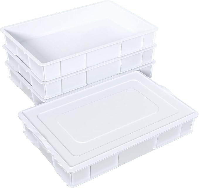4 Packs Plastic Stackable Pizza Dough Proofing Box, Pizza Dough Tray with Lid, White