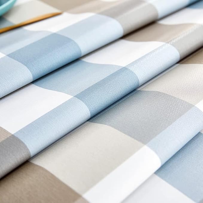 LOHASCASA Vinyl Oilcloth Tablecloth Rectangle Wipeable Peva Waterproof PVC Heavy Duty Stainproof Spillproof Large Tablecloth Farm Thanksgiving Banquet BBQ - Blue Grey Tan Plaid 9 ft 54 x 108 Inch