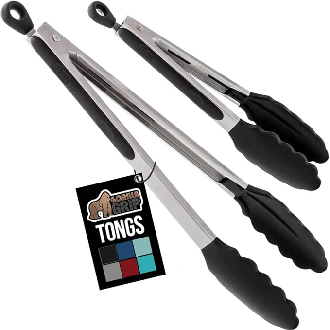 GORILLA GRIP Stainless Steel Heat Resistant Kitchen Tongs for Cooking, 7 + 12 Inch Set of 2 BBQ Tong, Non Scratch Silicone Tip for Pan, Strong Grip, Grab Food, Toss Salad, Air Fryer, Pull Lock, Black