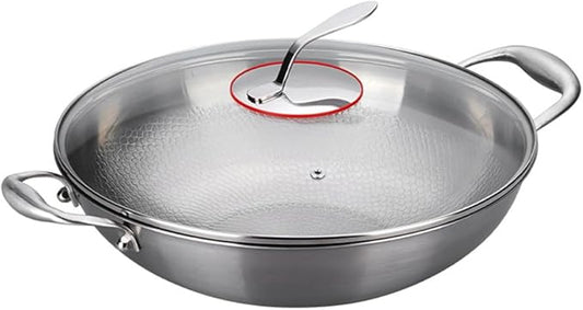 14 Inch Titanium Hammered Wok with Double Handles, Frying Pans Nonstick, Non-Stick Wok, Scratch-Resistant Non Stick Titanium Pans for Cooking,with lid