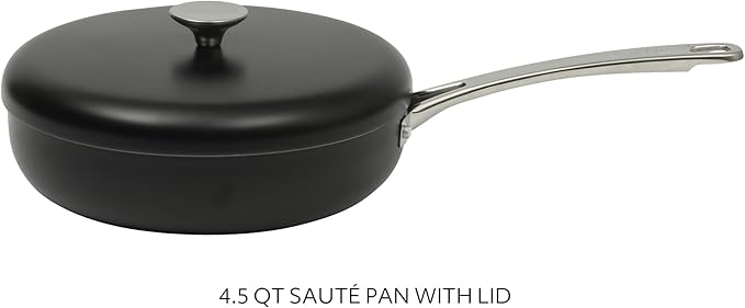 Sur La Table Kitchen Essentials Potluck Porch 4.5 Quart Saut챕 Pan, Deep Frying Pan Skillet w/Lid Aluminum PFA Free Ceramic Cookware Chef's Pan, Omelet Pan - Induction - Black