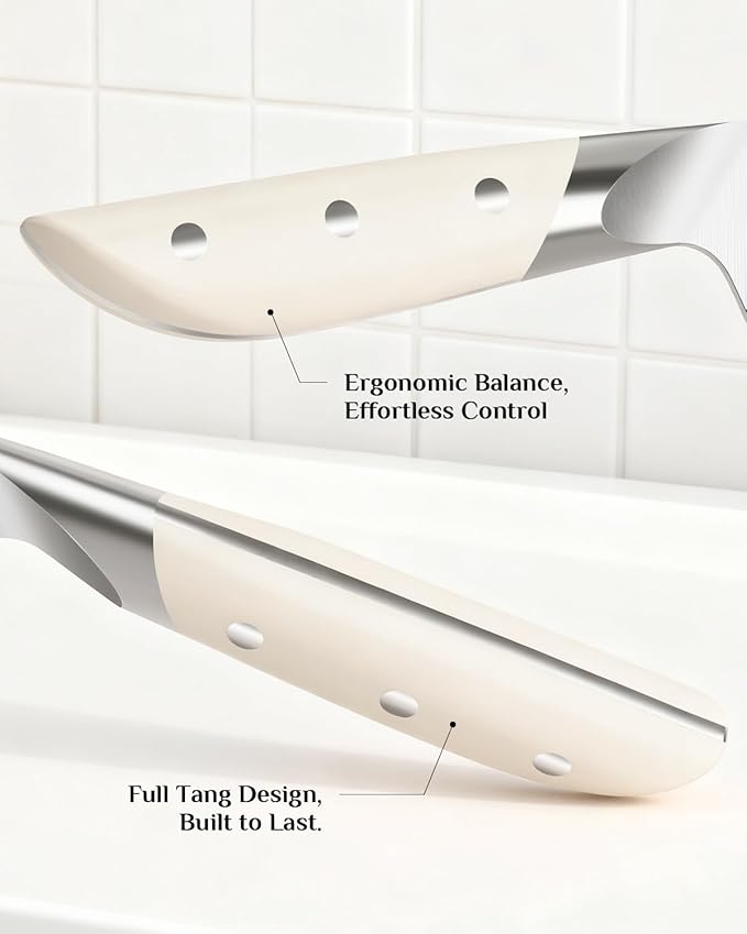 Kitchen Knife Set - Haugo 14 PCS Cream White Knife Set with Block and Sharpener - German Stainless Steel - Full Tang Knife Block Set and Ergonomic Handle - Obsidian Series