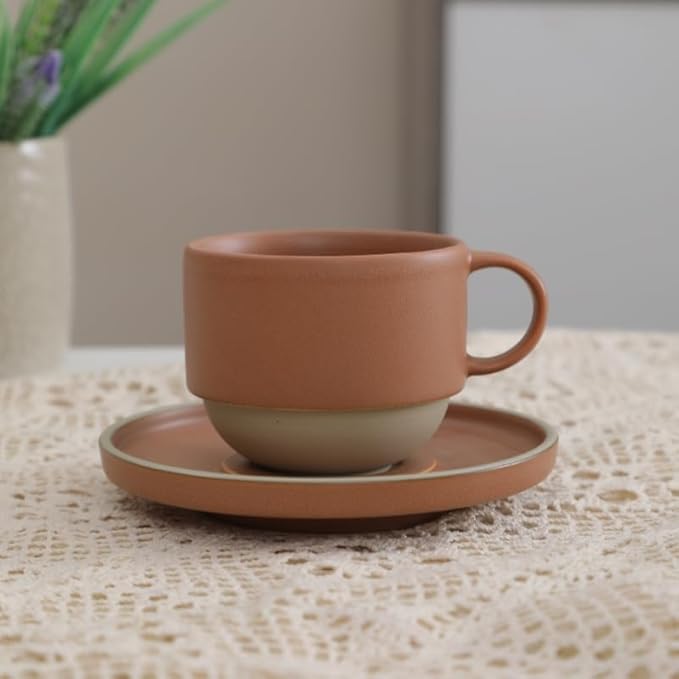 8oz Minimalist Handmade Ceramic Cappuccino Barista Cup with Saucer ??Artisanal Stoneware Espresso Coffee Mug, Lead-Free Latte Art Mug竊똇andmade Pottery tea mug or tea cup (Matte Brown)
