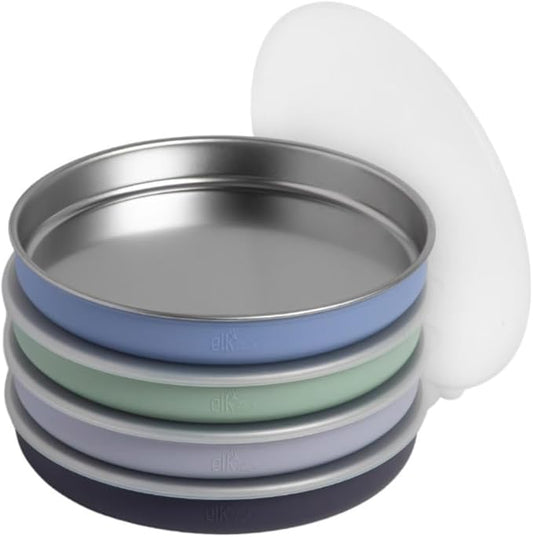 Elk and Friends 7.8??Stainless Steel Non Divided Plates with Silicone Sleeve + Storage Lid | Baby, Toddler, Kids | Dishwasher Safe | Dinner & Snack Plates | 4 Pack